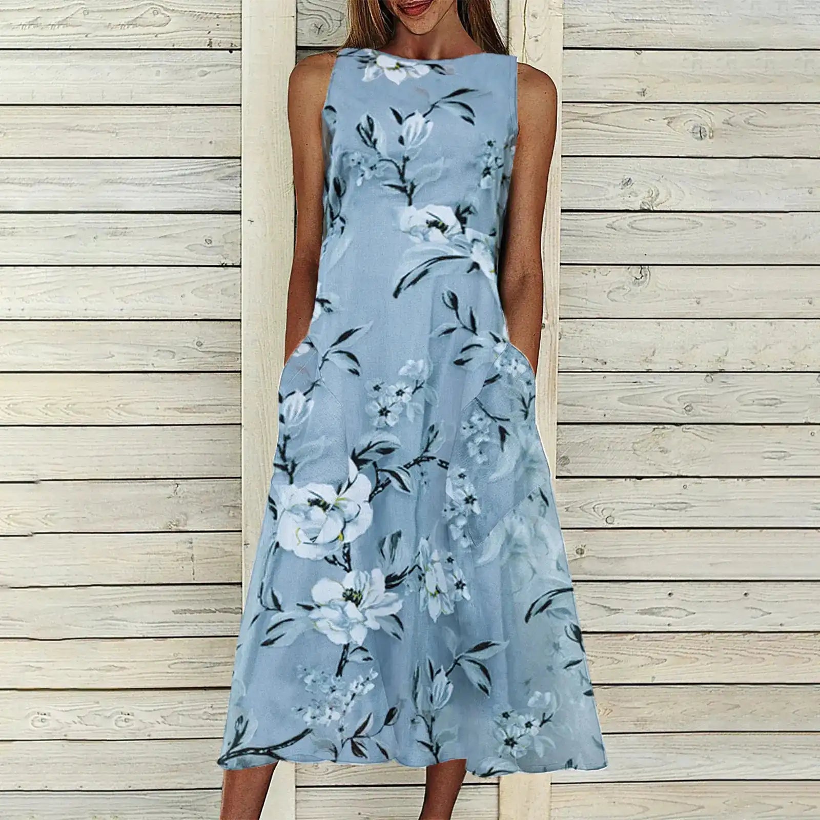 Floral A-line Dress with Round Neck and Mid-length Dress