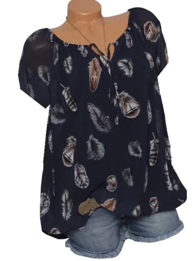 Loose Fit V-Neck Short Sleeve Feather Print Blouse