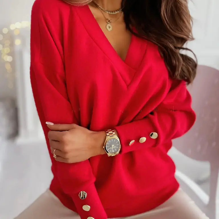 Button V-Neck Sweatshirt