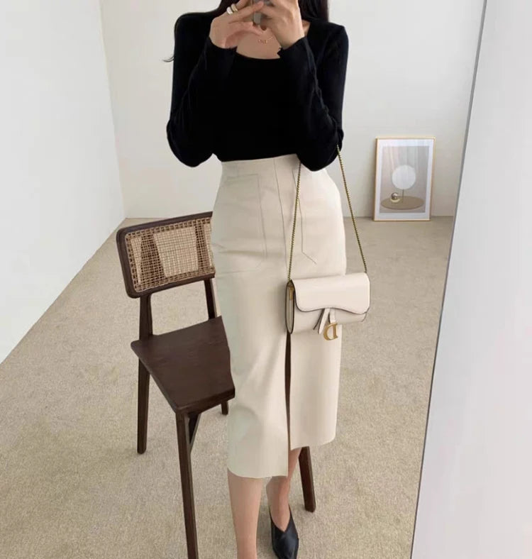 Slim Straight Faux Leather Skirt Women Chic Split Design Fashion - The Eggy's store