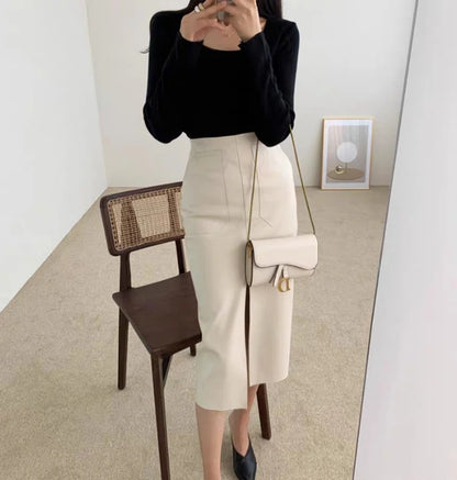 Slim Straight Faux Leather Skirt Women Chic Split Design Fashion - The Eggy's store