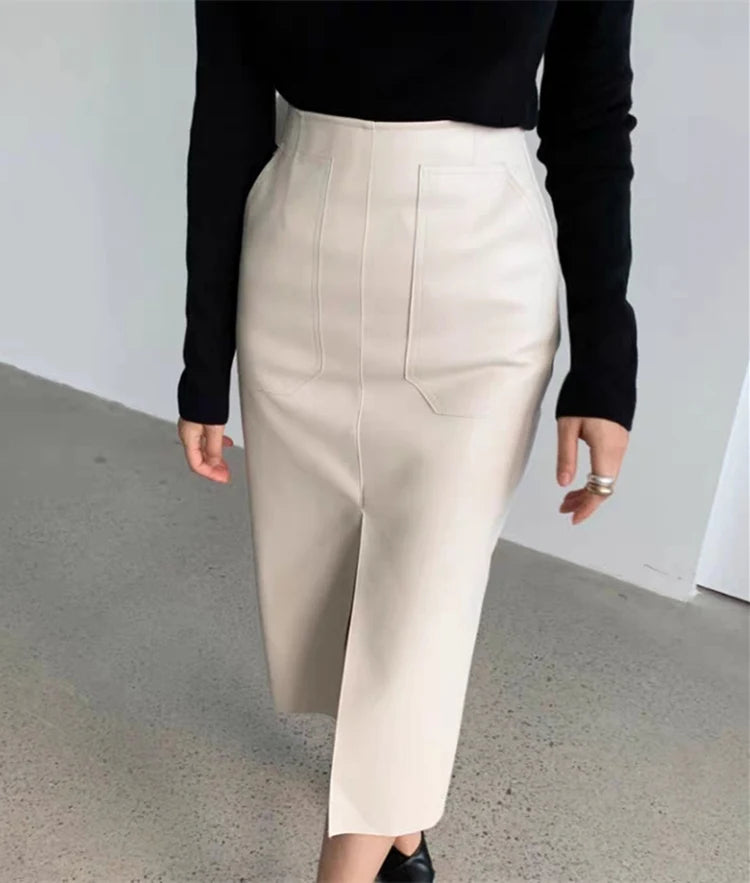 Slim Straight Faux Leather Skirt Women Chic Split Design Fashion - The Eggy's store