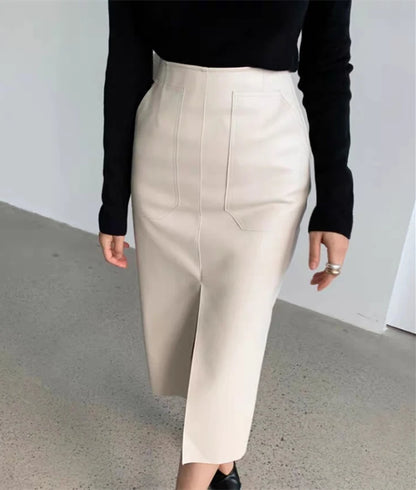Slim Straight Faux Leather Skirt Women Chic Split Design Fashion - The Eggy's store