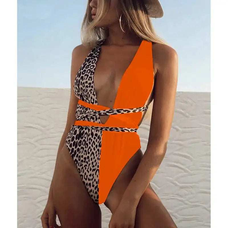 Deep V-Neck One-Piece Swimsuit