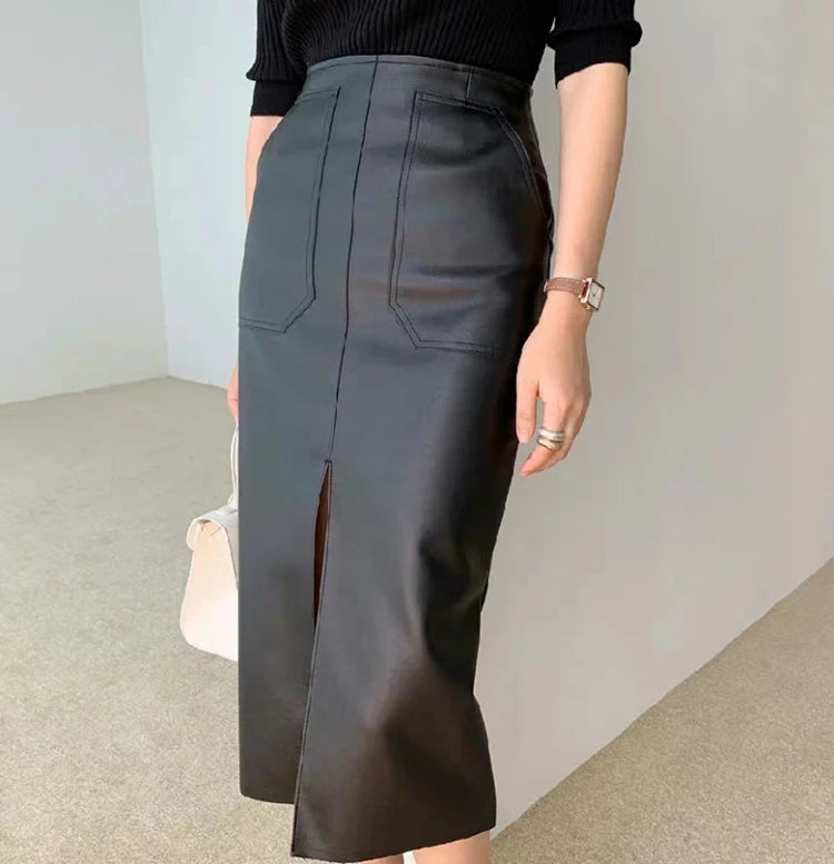 Slim Straight Faux Leather Skirt Women Chic Split Design Fashion - The Eggy's store