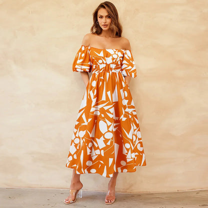 Sexy off Shoulder Bubble Sleeves Printed Maxi Dress Bohemian Dress