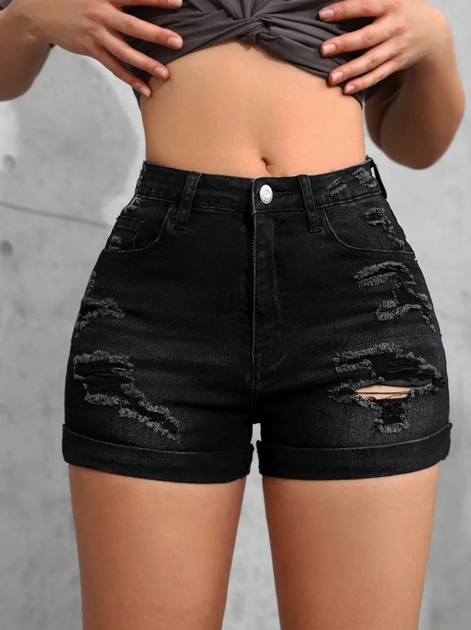 Casual Women's Summer High Waist Breathable Stretch Skinny Denim Shorts with Button