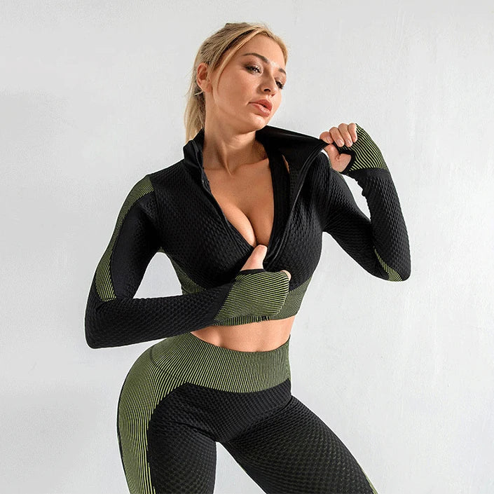 Women's Tracksuit Set 3 Piece High Waist Leggings and Crop Top Zip Up - The Eggy's store