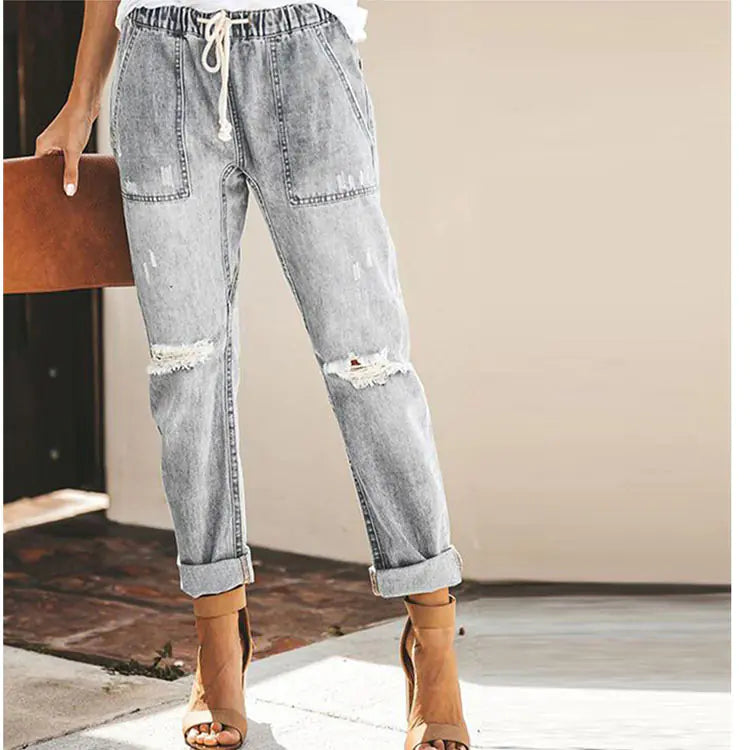 Women's Straight Ripped Jeans with Drawstring & Pockets