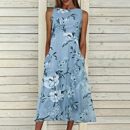 Floral A-line Dress with Round Neck and Mid-length