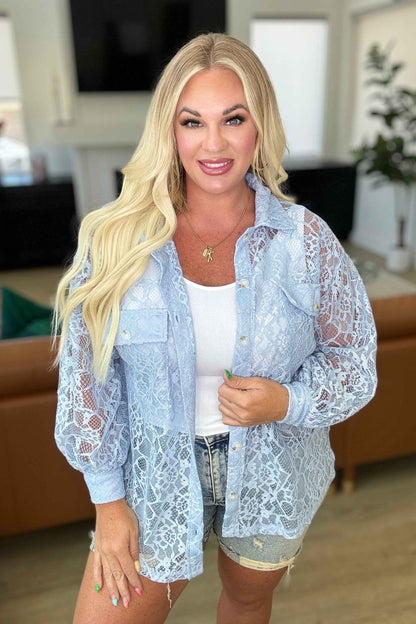 Stick Together Lace Button Up in Light Blue Women's Blouse