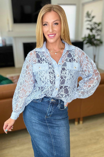 Stick Together Lace Button Up in Light Blue Women's Blouse