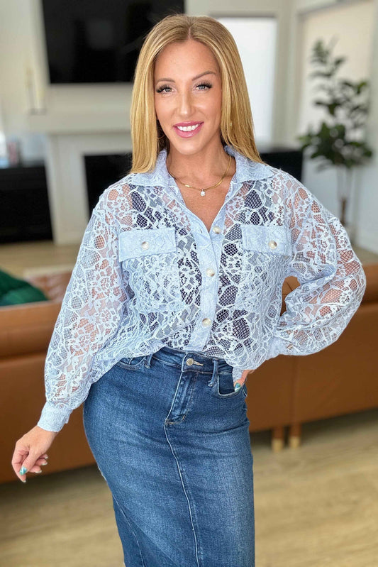 Stick Together Lace Button Up in Light Blue Women's Blouse