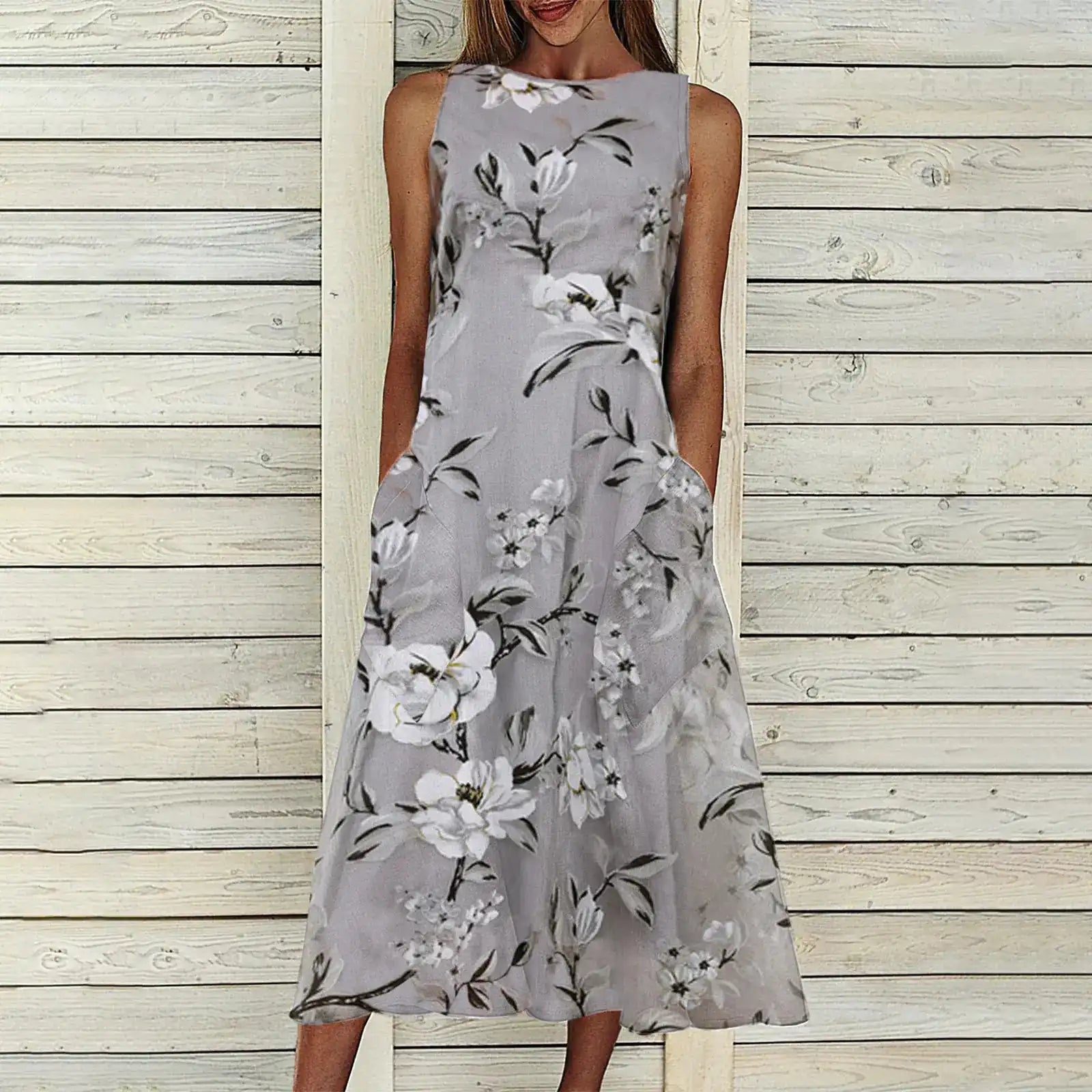 Floral A-line Dress with Round Neck and Mid-length Dress
