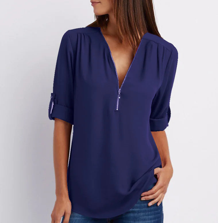 Plus Size V-Neck Long Sleeve Zip Chiffon Blouse