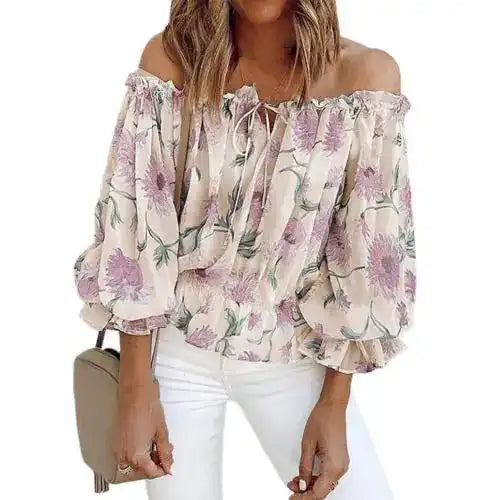 Women's Off-Shoulder Chiffon Print Long Sleeve