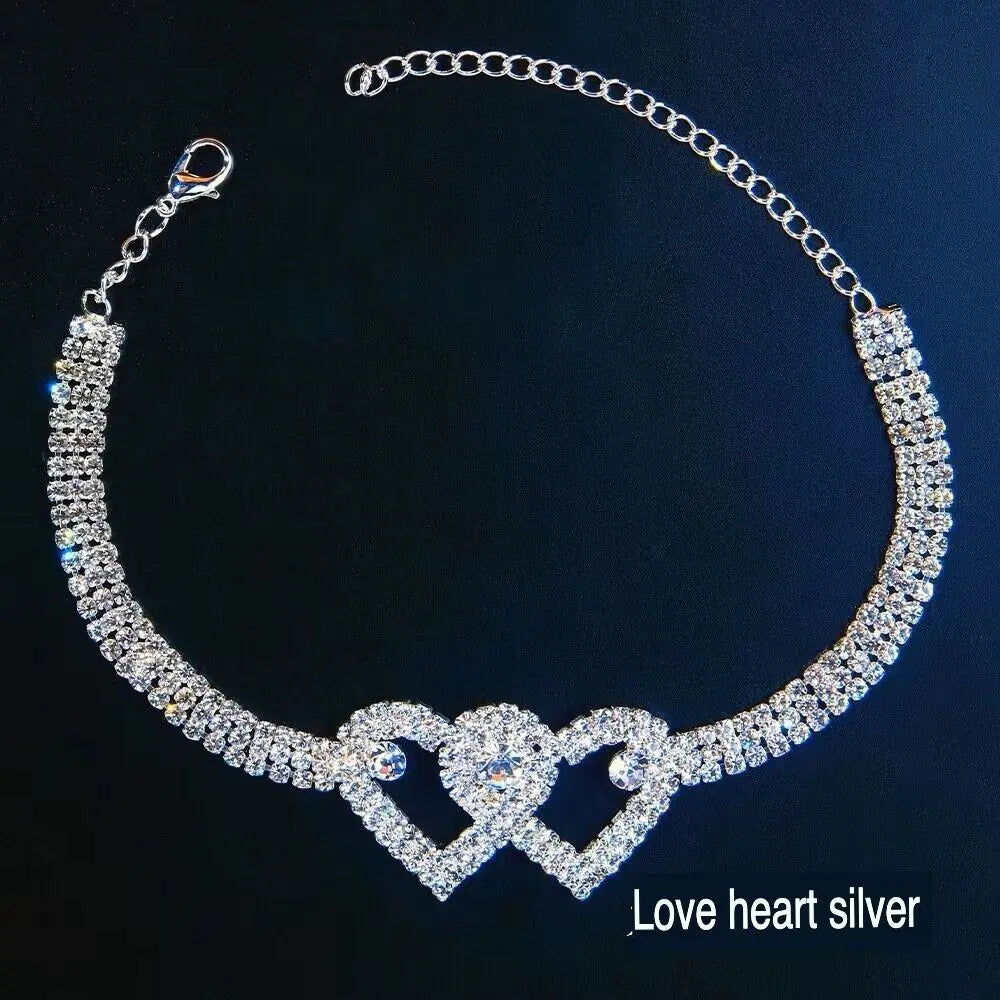 Double Heart Anklet Bracelet Love Barefoot Chain Bling Crystal Ankle Bracelet