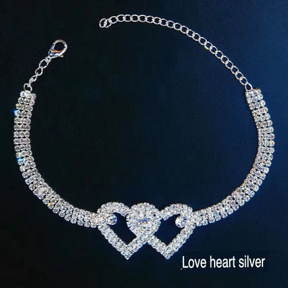 Double Heart Anklet Bracelet Love Barefoot Chain Bling Crystal Ankle Bracelet