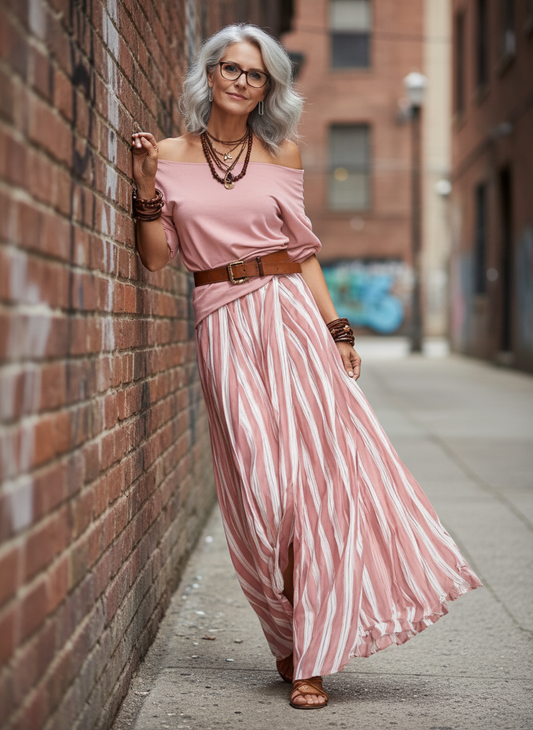 Off Shoulder Top and Striped Maxi Skirt Set