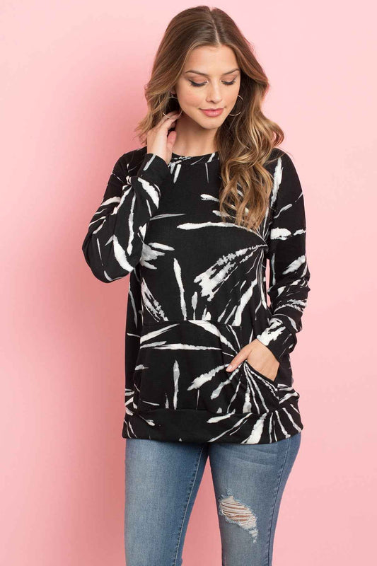 Kangaroo Pocket Tie Dye Women's Top - Long Sleeve Fashionable Top