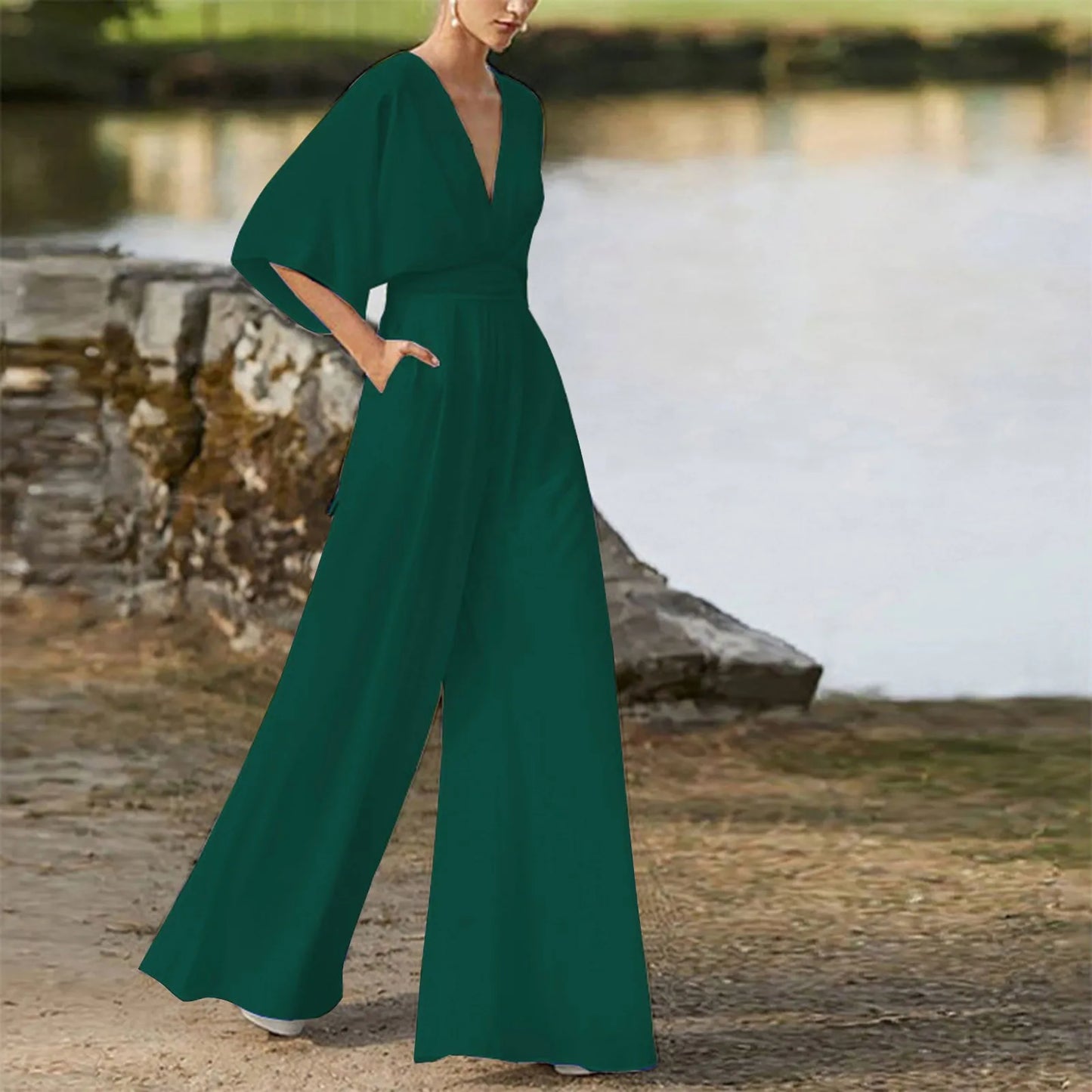 Women's Deep V-Neck Half Sleeve Jumpsuit – Loose Wide Leg One-Piece