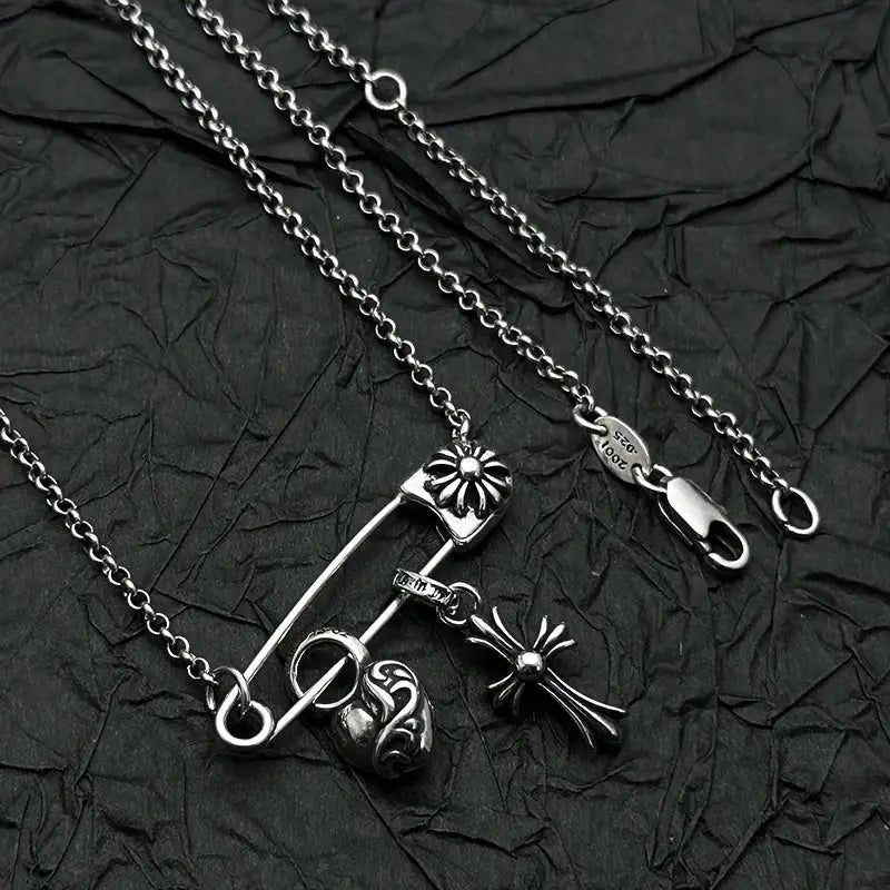 S925 Sterling Silver Peach Heart Cross Pin Necklace