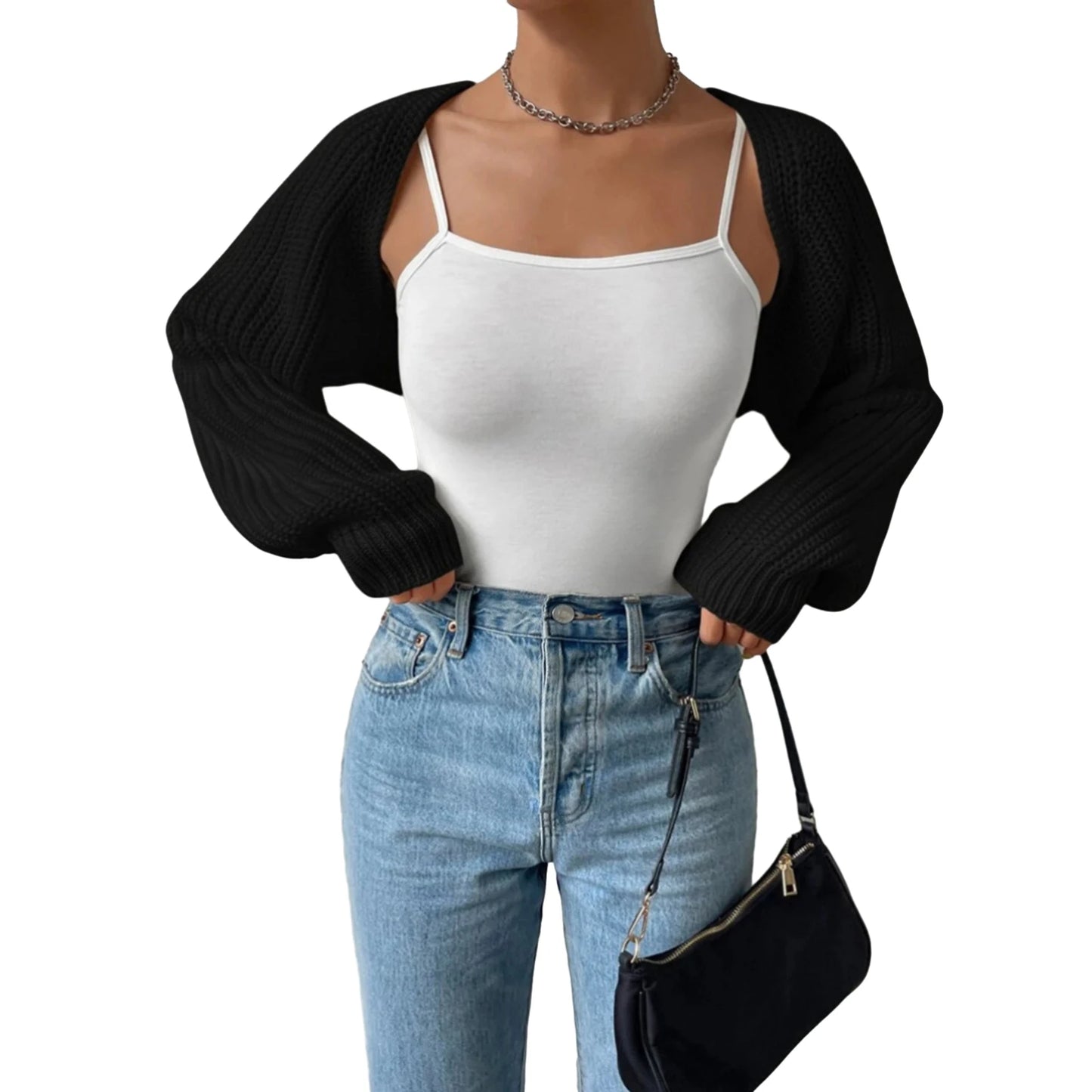 Women's Open Front Cropped Cardigan – Long Sleeve Ribbed Knit Shrug