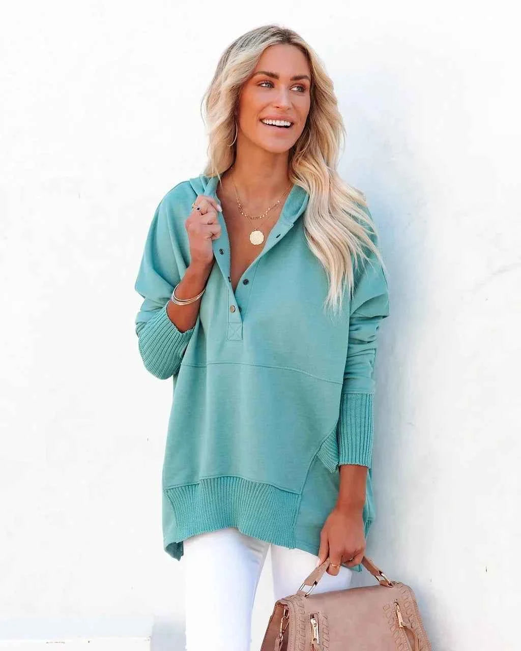 Casual Loose White Women Sweatshirt V-neck Hooded Batwing Sleeve Hoodie Top For Women Pullovers