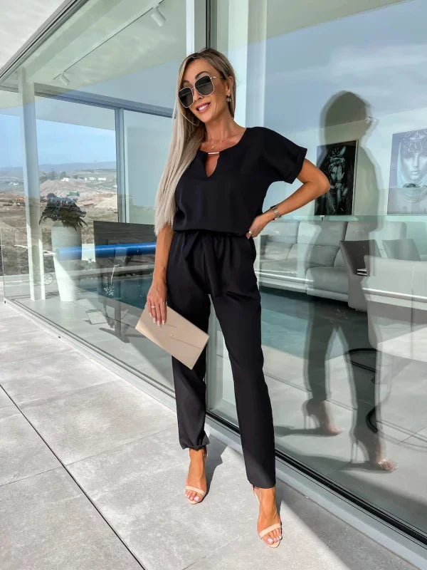 Women's Summer Jumpsuit Solid Color Short Sleeve V-neck Pocket Lace-up Pencil Long Pants - The Eggy's store
