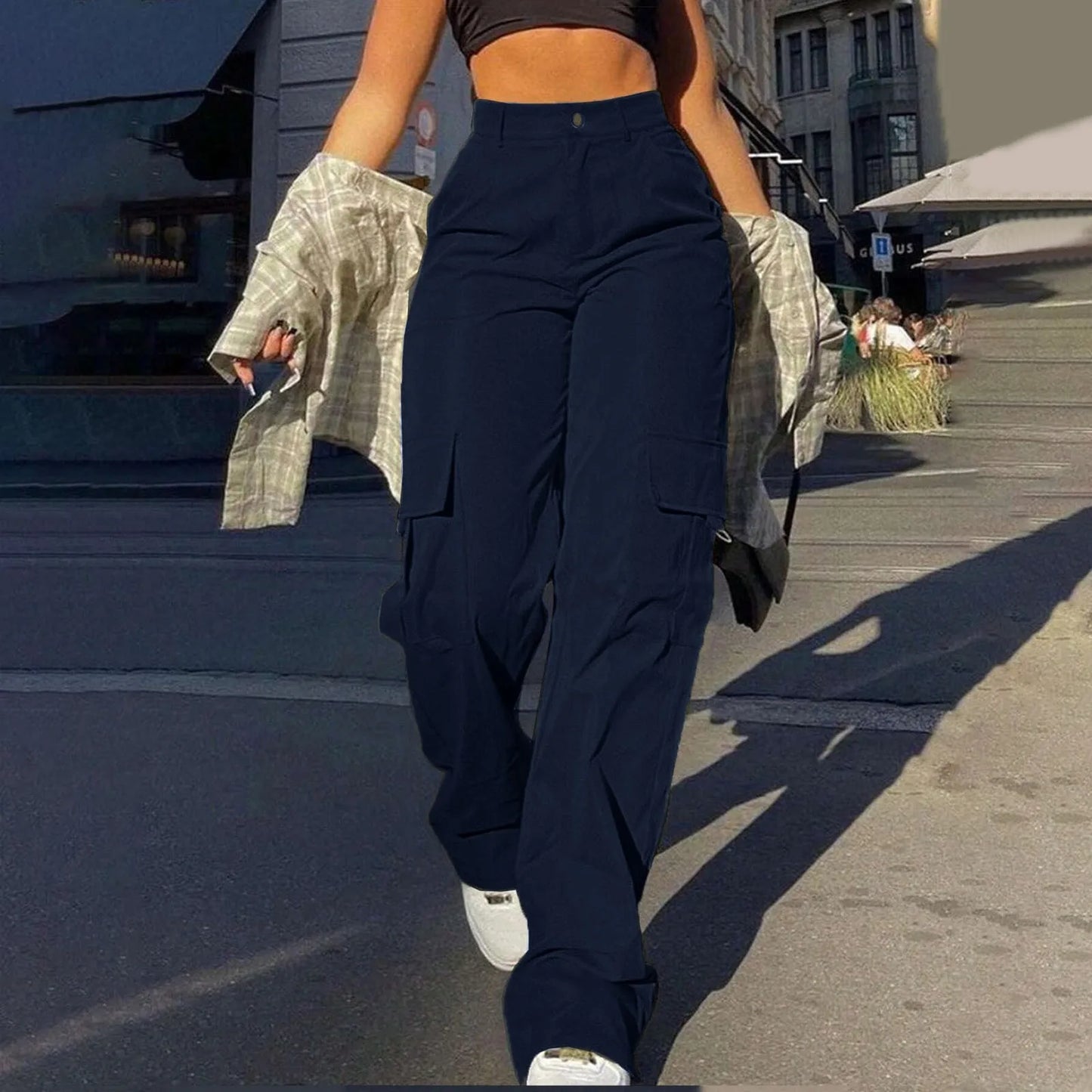Women's Wide Leg Cargo Pants with Pockets – Casual Straight Leg Trousers