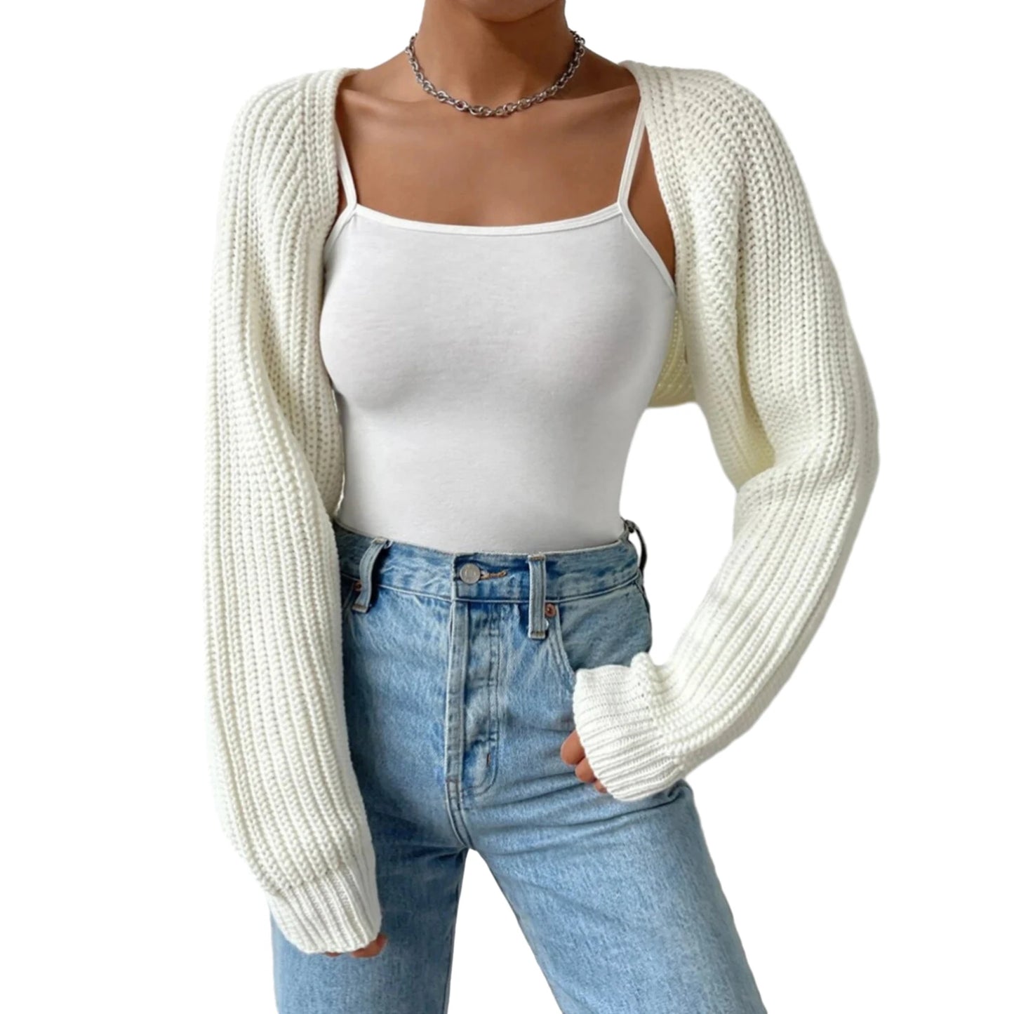 Women's Open Front Cropped Cardigan – Long Sleeve Ribbed Knit Shrug
