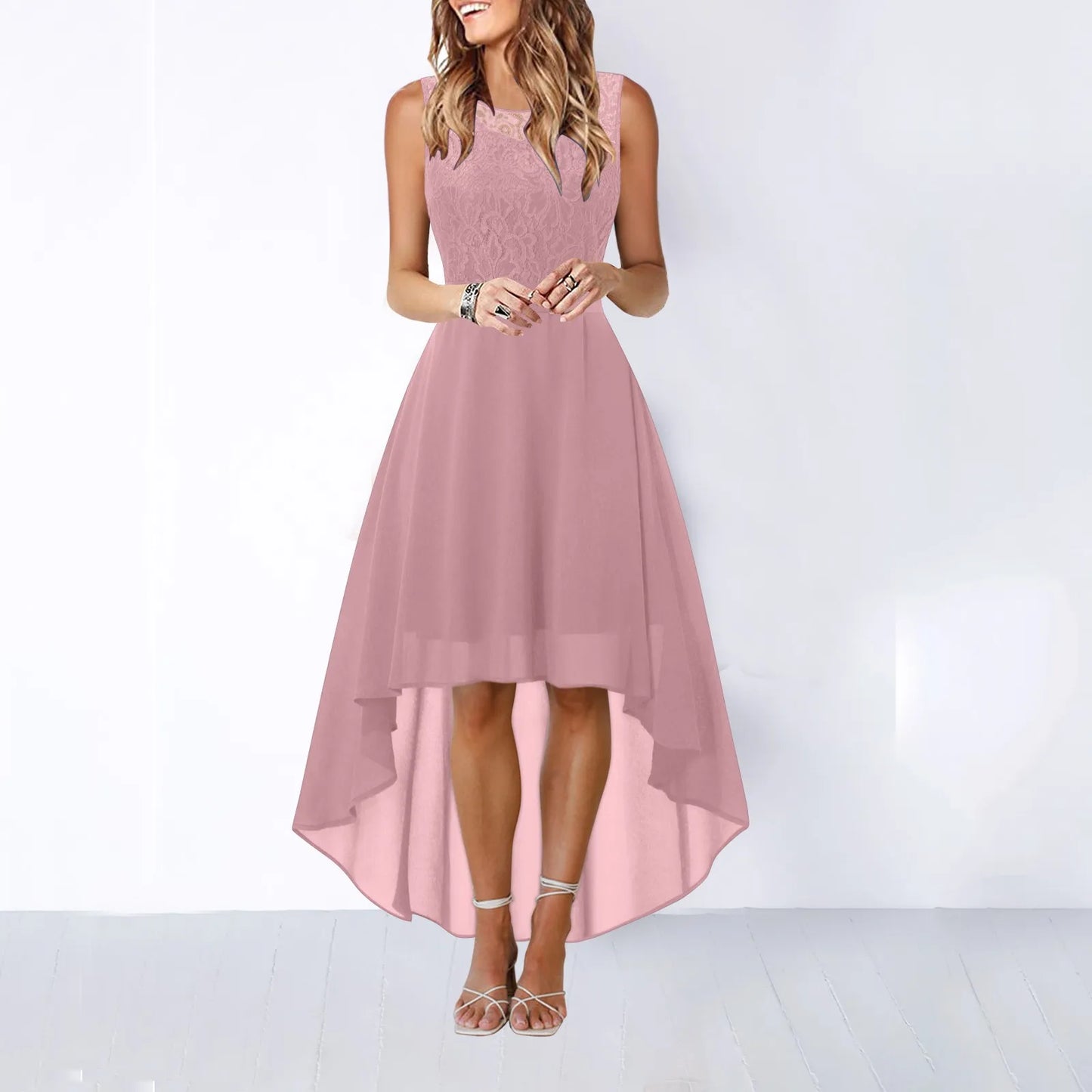 Lace Bow Belt Sleeveless Chiffon A-Line Dress