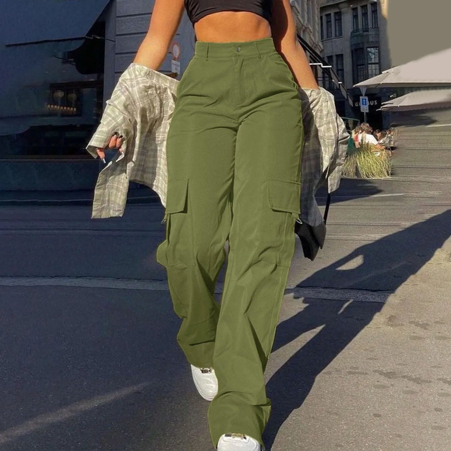 Women's Wide Leg Cargo Pants with Pockets – Casual Straight Leg Trousers