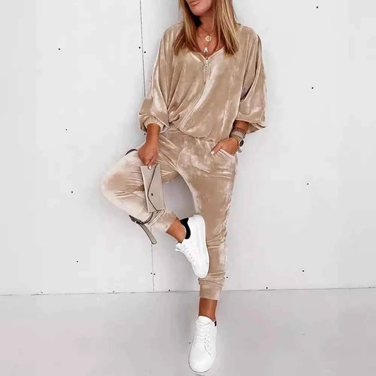 Golden Velvet with Zipper Long-sleeved Jogger Solid Color Casual Suit 2 piece  Set Loungewear