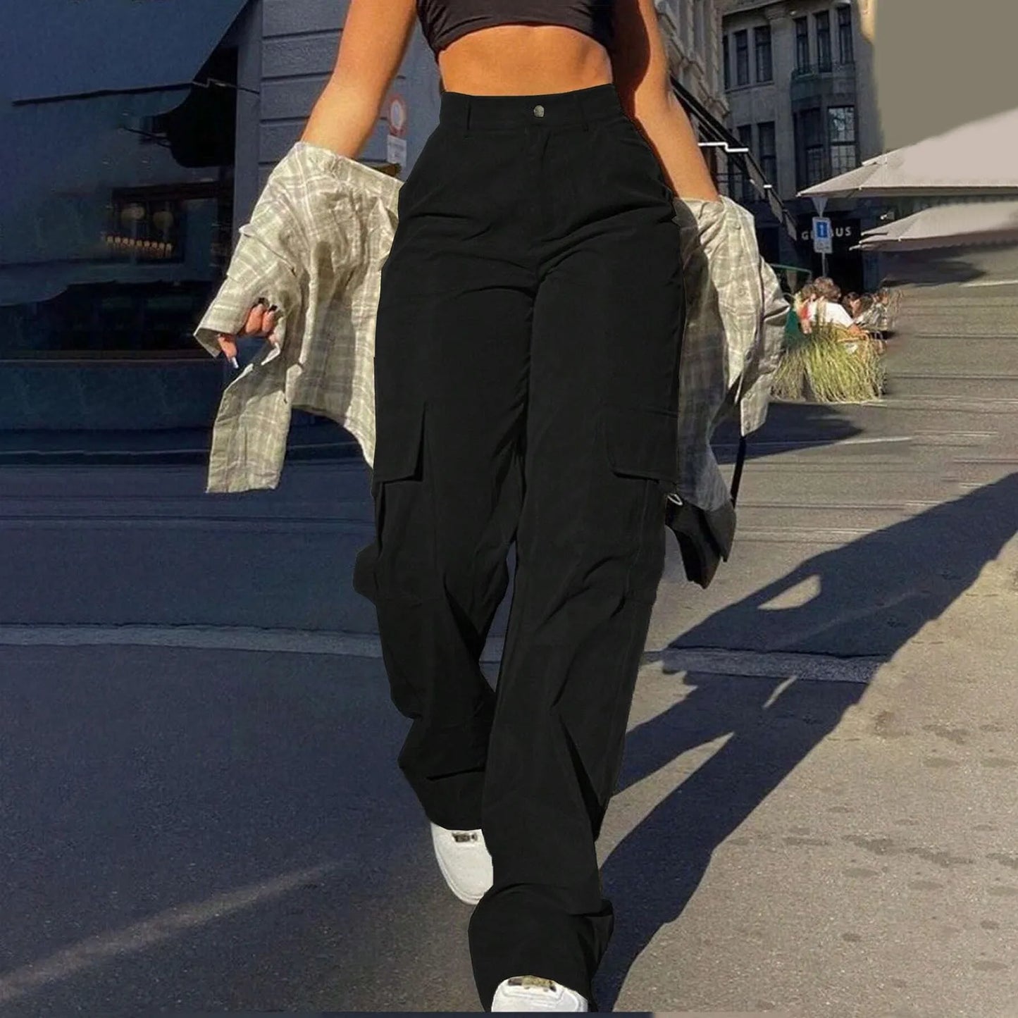 Women's Wide Leg Cargo Pants with Pockets – Casual Straight Leg Trousers
