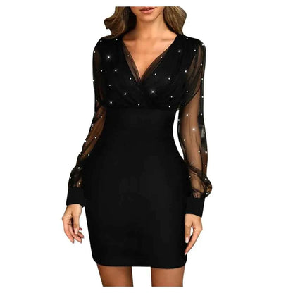 Fashion Evening Dress Wonen Cocktail Party Sexy Retro Elegant Dress With Sequins Female See Through Long Sleeve Wrap Hip Dress