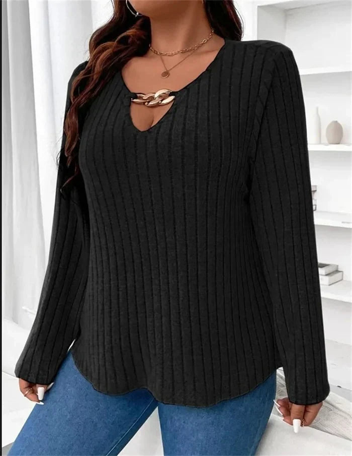 Plus Size V-neck Chain Top: Stylish Long Sleeve