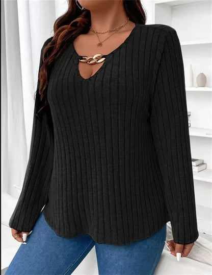 Plus Size V-neck Chain Top: Stylish Long Sleeve