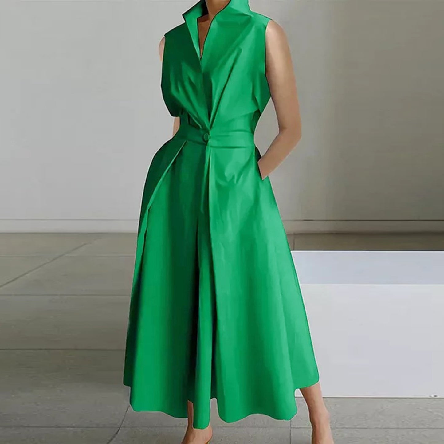 Sleeveless Button Ruched Dress