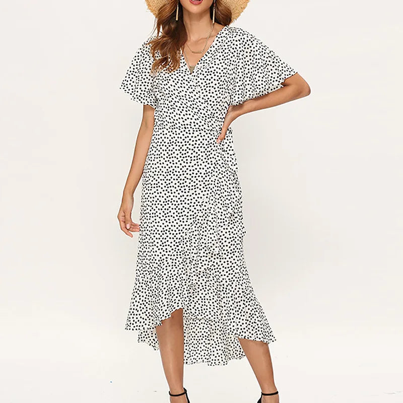 Summer Beach Maxi Dress Women Floral Print Boho Long Chiffon Ruffles Wrap Casual V-Neck Split Sexy Party Robe Femme - The Eggy's store