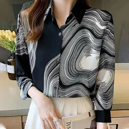 New Plus Size Floral Long Sleeve Blouse with Button Detail for Women