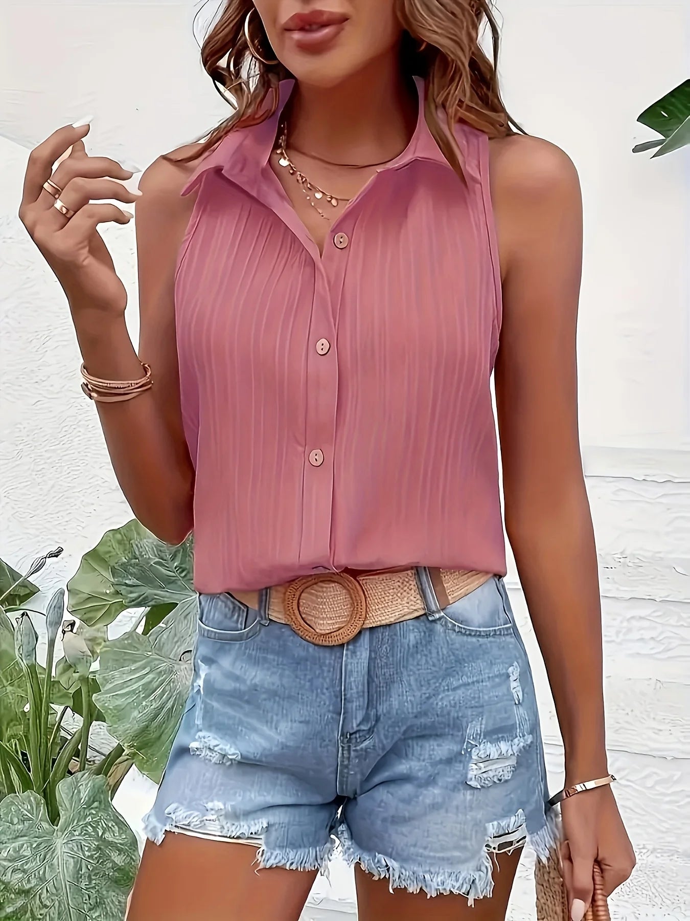 Plus Size Summer Women's Sleeveless Solid Color Blouse