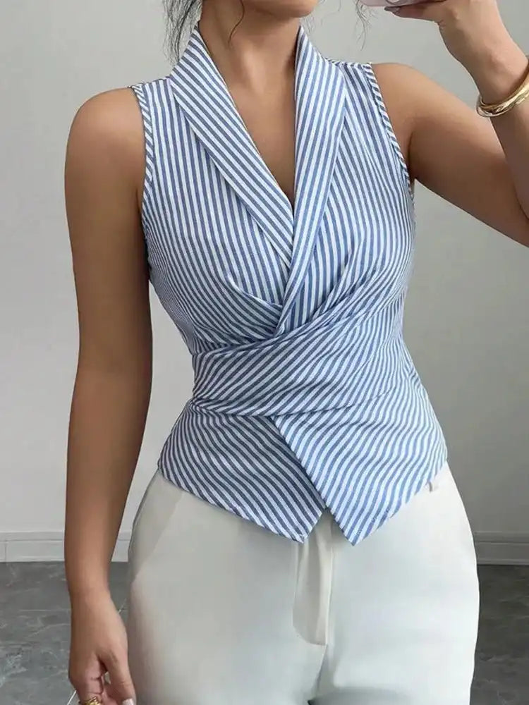 Striped V-Neck Sleeveless Blouse