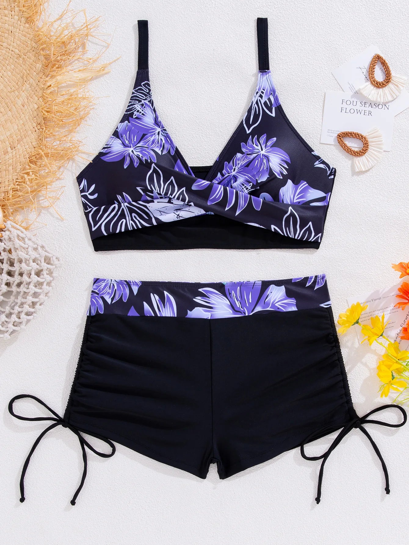 Floral Print Cross Strap Backless Bikini Set