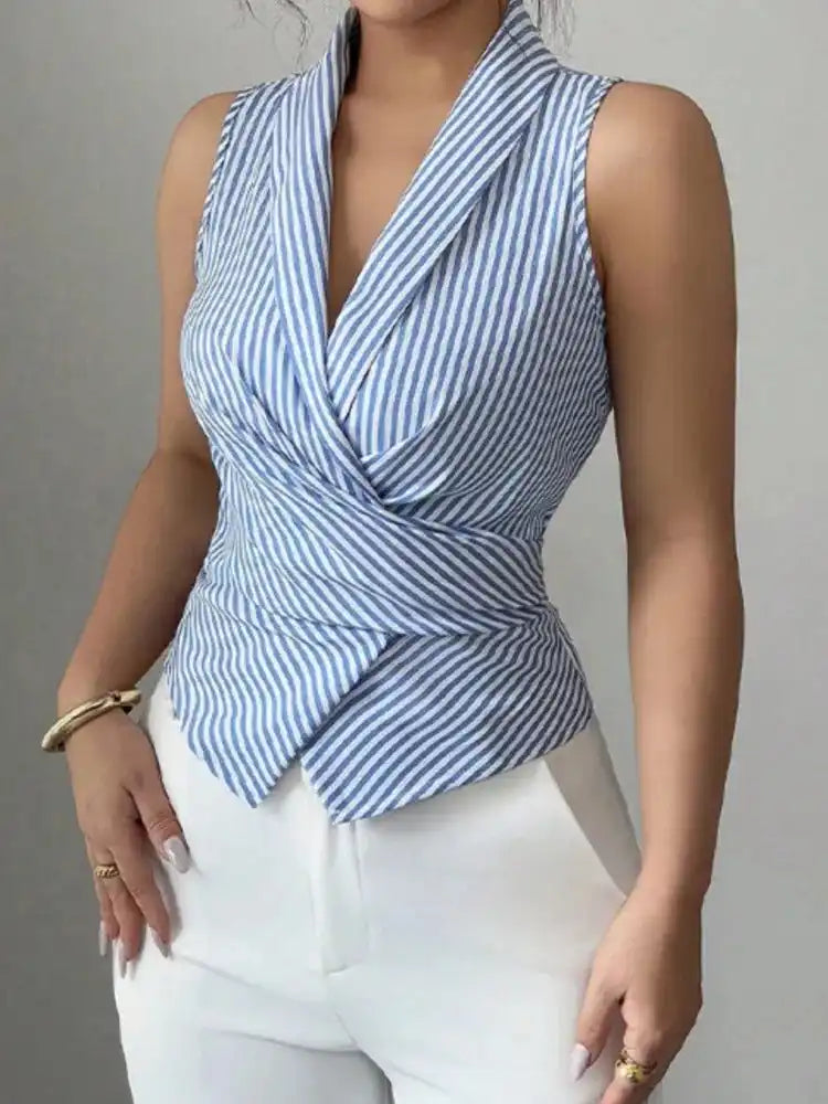 Striped V-Neck Sleeveless Blouse