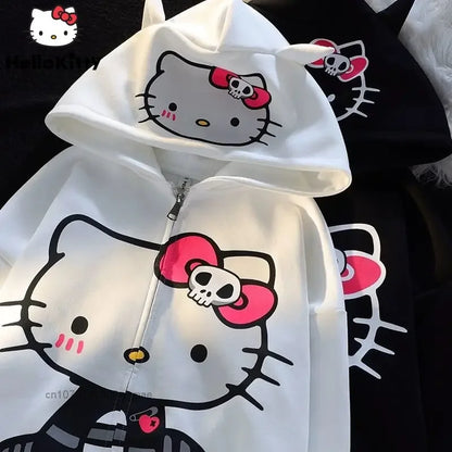 Sanrio Hello Kitty Hoodie Women's Top Zip-up Chic Printed Loose Adult Sweatshirt