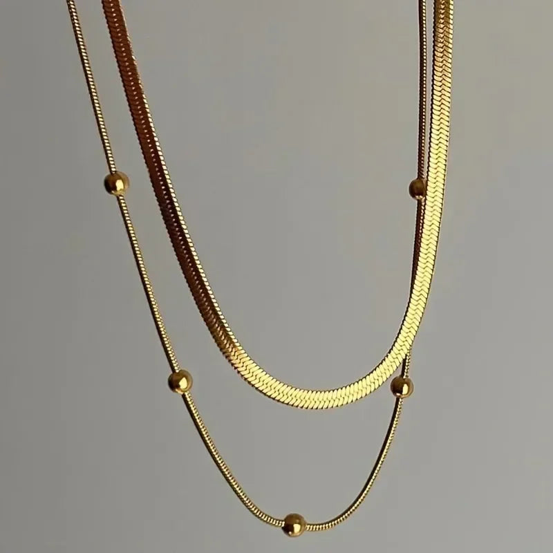 Gold Double Layer Round Bead Chain Necklace – Stainless Steel Pendant