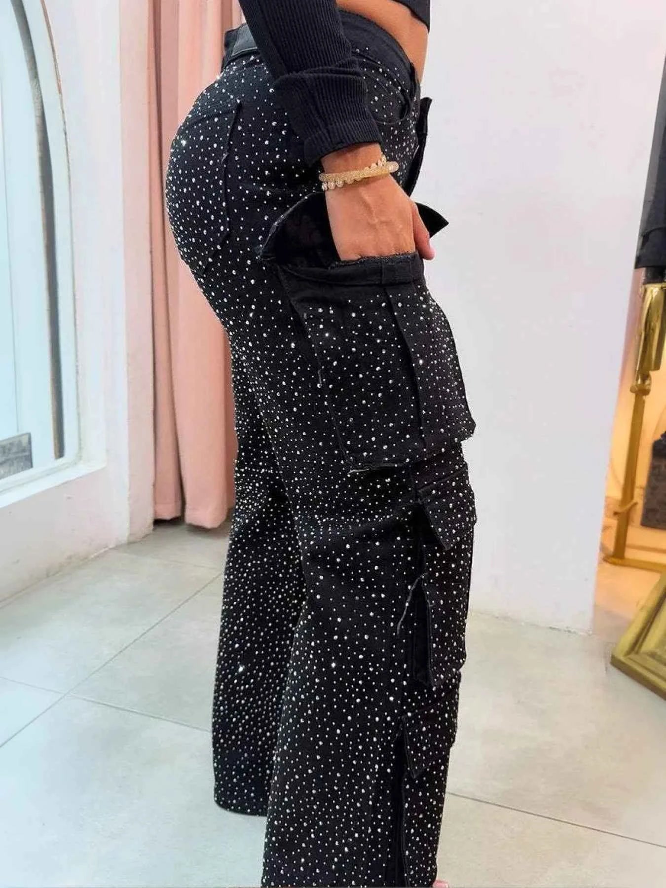 High Waist Black Rhinestone Multi-Pocket Work Jeans, Fashionable Straight Jeans