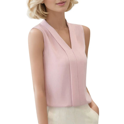 Women'S Blouse Satin Top Elegant V Neck Office Shirts Sleeveless Wear Chiffon Brief Casual Work Suit - The Eggy's store