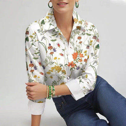 New Plus Size Floral Long Sleeve Blouse with Button Detail for Women
